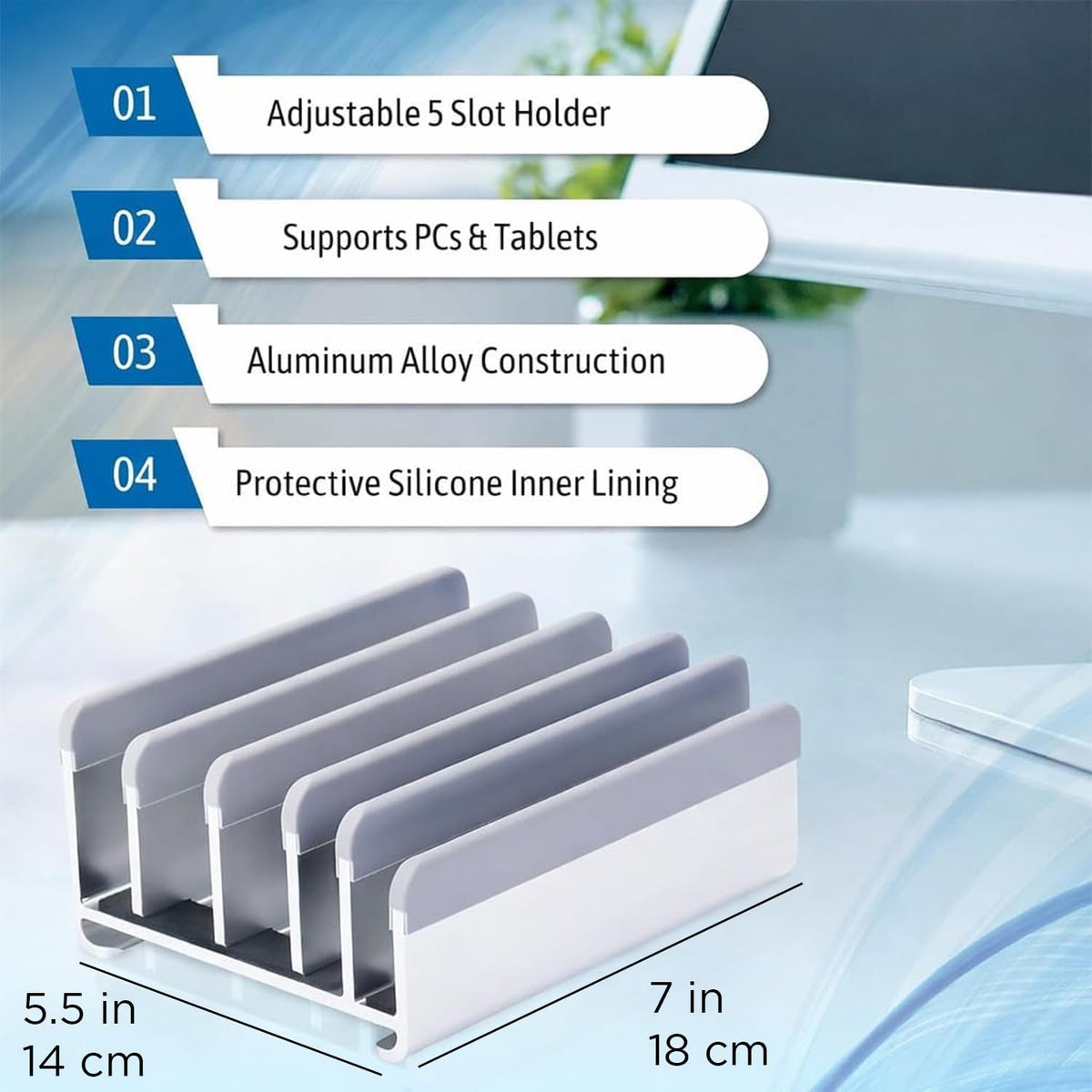5- Slot Vertical Laptop Stand - Aluminum Laptop Stand Vertical for Desk - Adjustable Width (12-38mm) Fits MacBook Pro/Air, Surface & Gaming Laptops upto 17.3"-Heavy Duty Laptop Holder-Silver