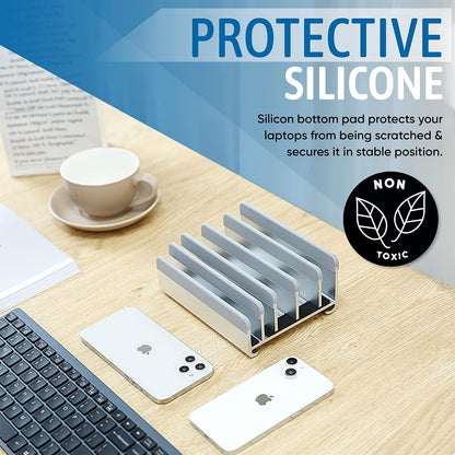 5- Slot Vertical Laptop Stand - Aluminum Laptop Stand Vertical for Desk - Adjustable Width (12-38mm) Fits MacBook Pro/Air, Surface & Gaming Laptops upto 17.3"-Heavy Duty Laptop Holder-Silver