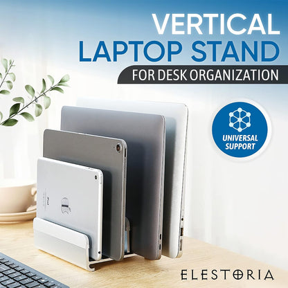 5- Slot Vertical Laptop Stand - Aluminum Laptop Stand Vertical for Desk - Adjustable Width (12-38mm) Fits MacBook Pro/Air, Surface & Gaming Laptops upto 17.3"-Heavy Duty Laptop Holder-Silver