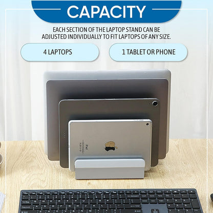 5- Slot Vertical Laptop Stand - Aluminum Laptop Stand Vertical for Desk - Adjustable Width (12-38mm) Fits MacBook Pro/Air, Surface & Gaming Laptops upto 17.3"-Heavy Duty Laptop Holder-Silver