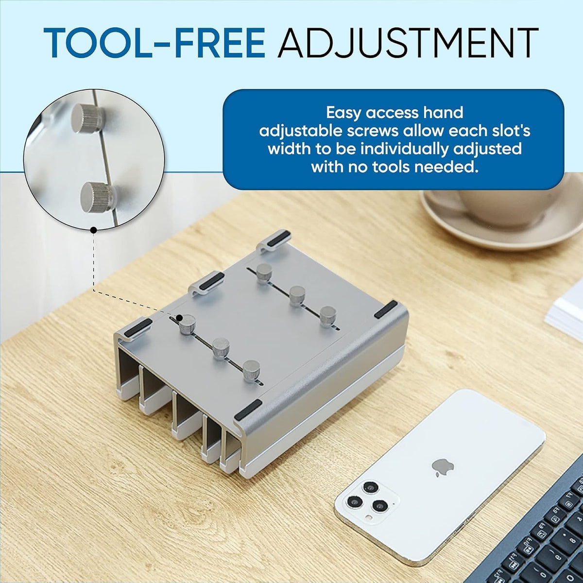 5- Slot Vertical Laptop Stand - Aluminum Laptop Stand Vertical for Desk - Adjustable Width (12-38mm) Fits MacBook Pro/Air, Surface & Gaming Laptops upto 17.3"-Heavy Duty Laptop Holder-Silver