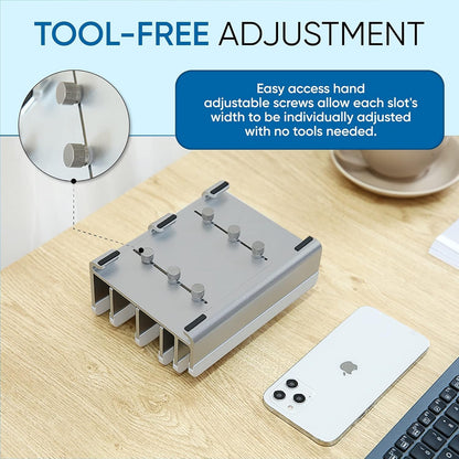5- Slot Vertical Laptop Stand - Aluminum Laptop Stand Vertical for Desk - Adjustable Width (12-38mm) Fits MacBook Pro/Air, Surface & Gaming Laptops upto 17.3"-Heavy Duty Laptop Holder-Silver