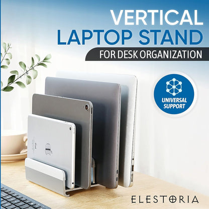 5- Slot Vertical Laptop Stand - Aluminum Laptop Stand Vertical for Desk - Adjustable Width (12-38mm) Fits MacBook Pro/Air, Surface & Gaming Laptops upto 17.3"-Heavy Duty Laptop Holder-Silver