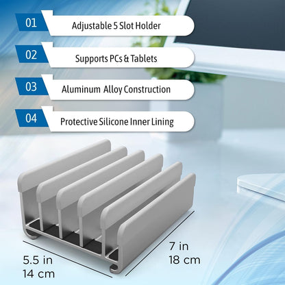 5- Slot Vertical Laptop Stand - Aluminum Laptop Stand Vertical for Desk - Adjustable Width (12-38mm) Fits MacBook Pro/Air, Surface & Gaming Laptops upto 17.3"-Heavy Duty Laptop Holder-Silver