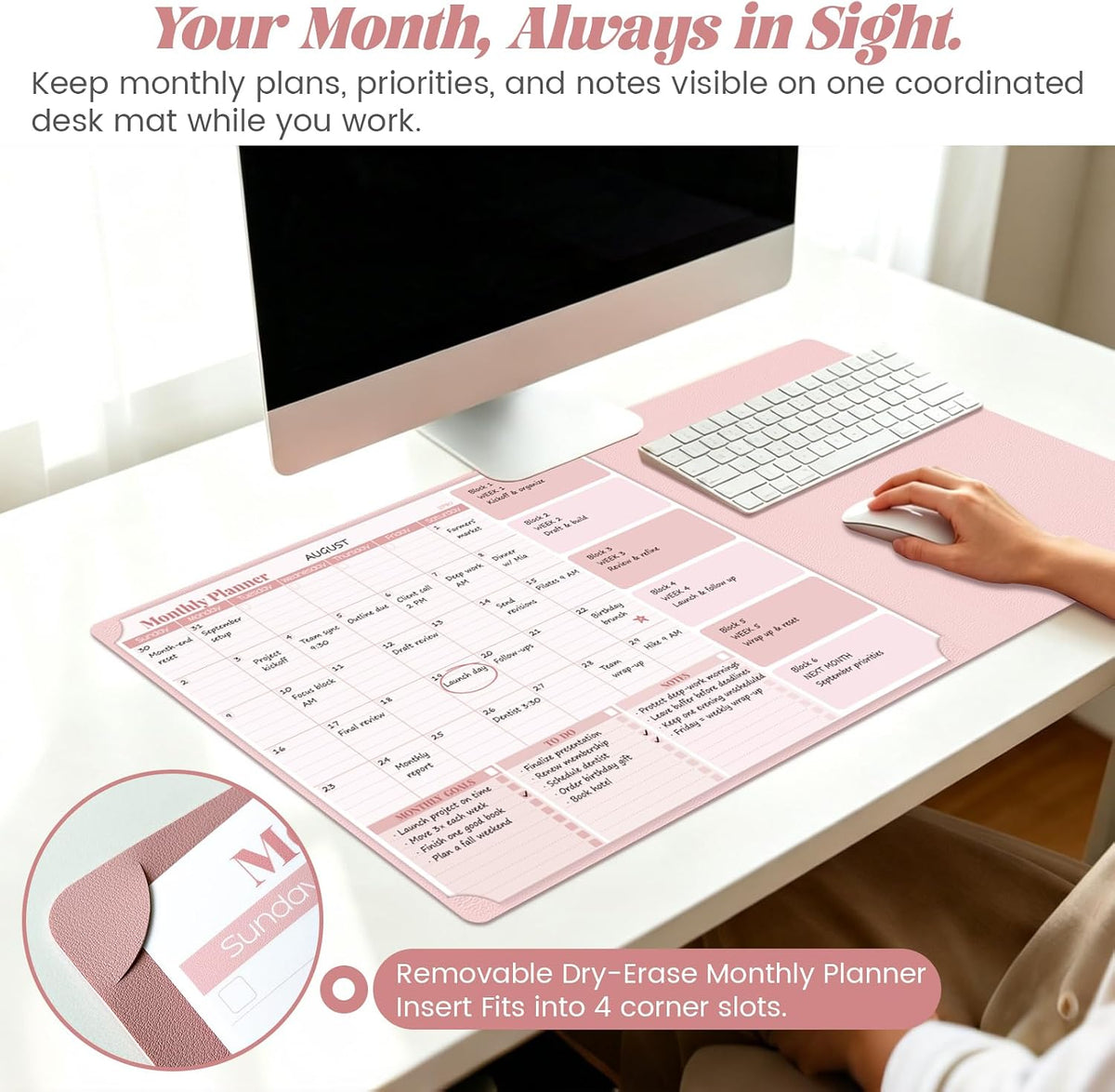Pink Dry Erase Desk Mat,Large Multi-Use Dry Erase Desk Calendar