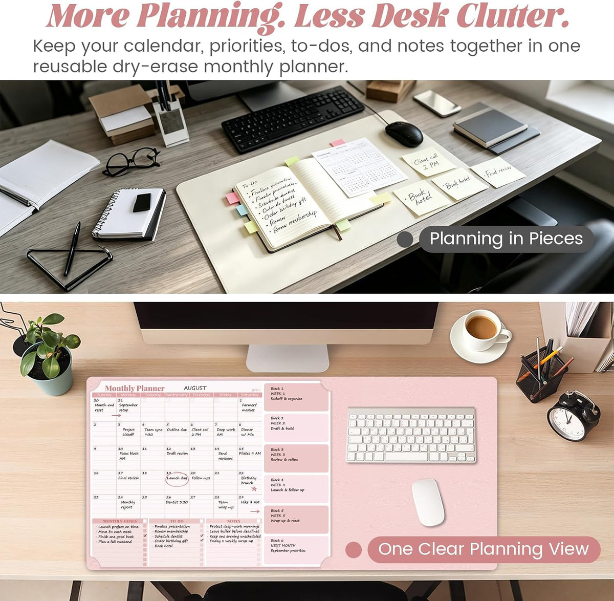 Pink Dry Erase Desk Mat,Large Multi-Use Dry Erase Desk Calendar