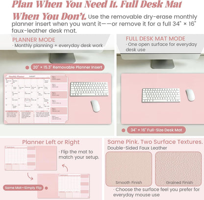 Pink Dry Erase Desk Mat,Large Multi-Use Dry Erase Desk Calendar
