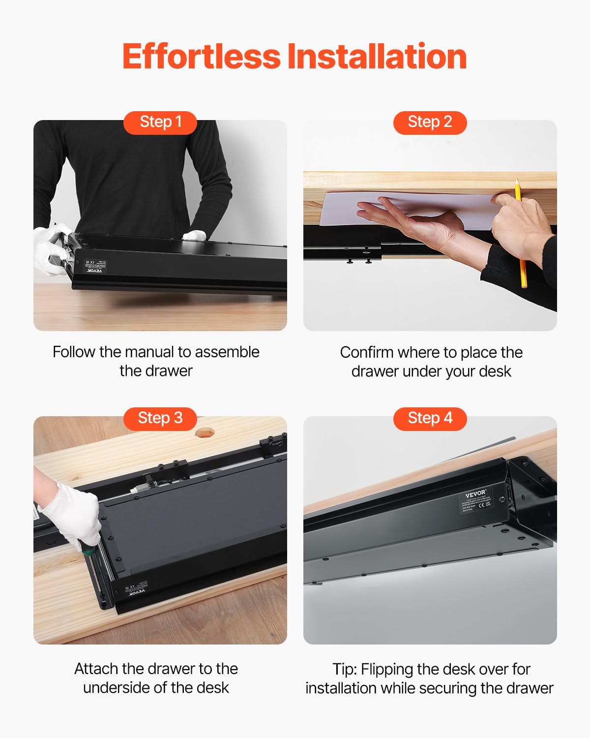 Under Desk Drawer Slide Out, 26 inch Under Desk Mounted Pull-out Drawer Attachment, Hidden Under Counter Drawers for office Home Sit Stand Workstation, Black