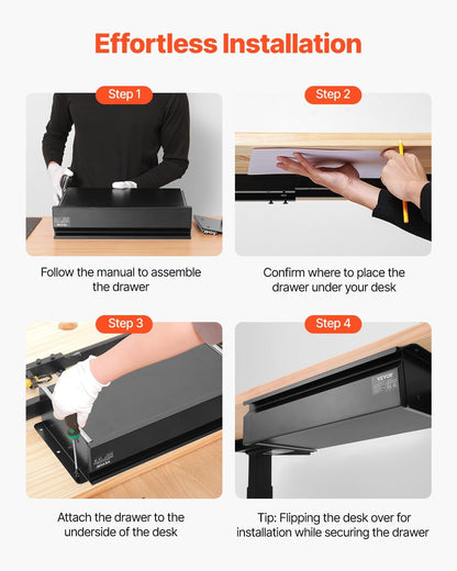 Under Desk Drawer Slide Out, 26 inch Under Desk Mounted Pull-out Drawer Attachment, Hidden Under Counter Drawers for office Home Sit Stand Workstation, Black