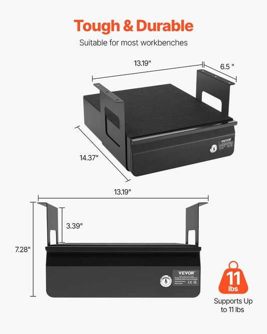 Under Desk Lockable Slide Out Drawer, 13 inch Under Desk Pull-out Drawer for Sit Stand Workstation, Secure Under Counter Drawers for Home Office Storage Organizer, Black