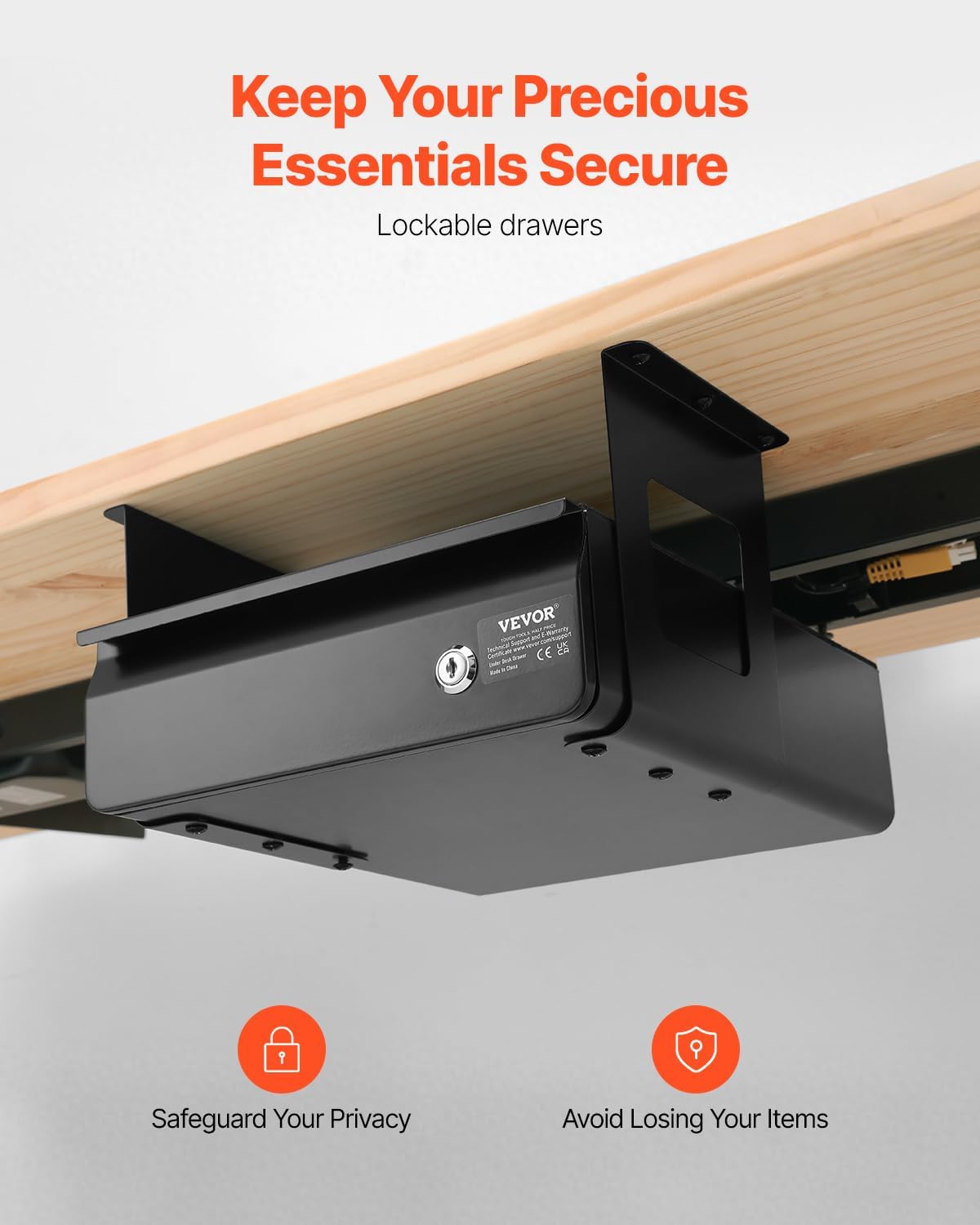 Under Desk Lockable Slide Out Drawer, 13 inch Under Desk Pull-out Drawer for Sit Stand Workstation, Secure Under Counter Drawers for Home Office Storage Organizer, Black