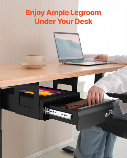 Under Desk Lockable Slide Out Drawer, 13 inch Under Desk Pull-out Drawer for Sit Stand Workstation, Secure Under Counter Drawers for Home Office Storage Organizer, Black