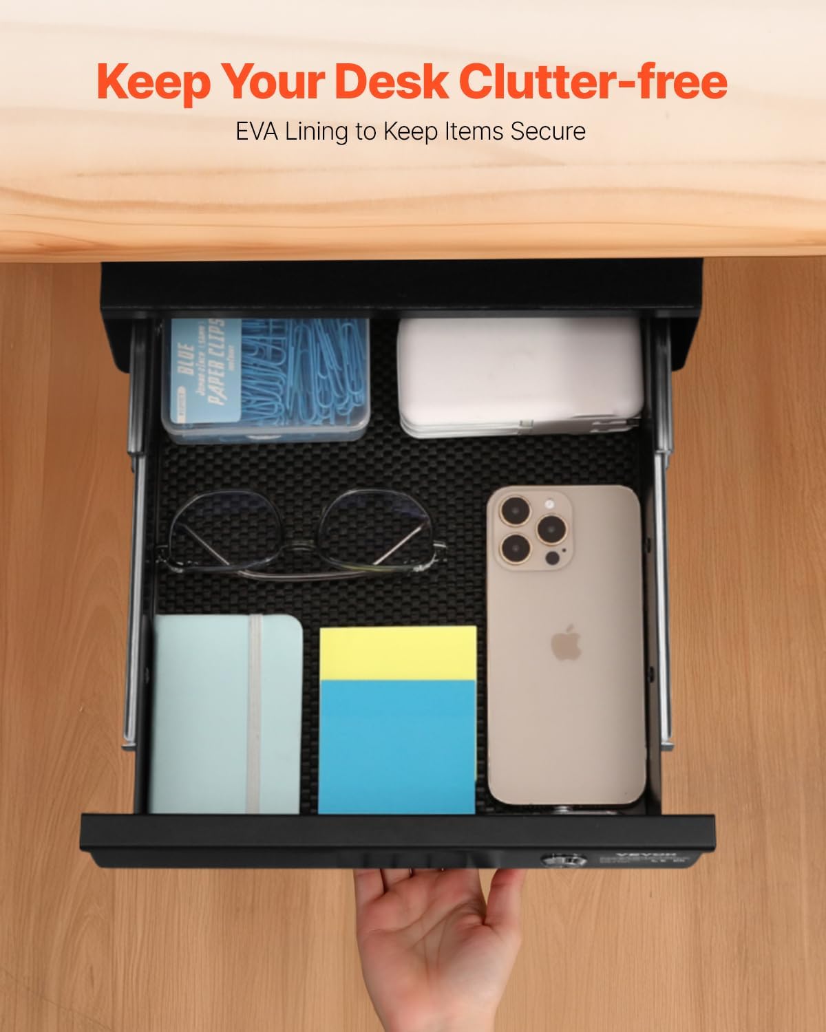 Under Desk Lockable Slide Out Drawer, 13 inch Under Desk Pull-out Drawer for Sit Stand Workstation, Secure Under Counter Drawers for Home Office Storage Organizer, Black