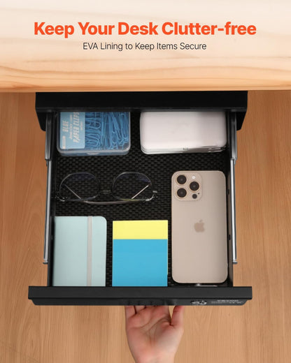 Under Desk Lockable Slide Out Drawer, 13 inch Under Desk Pull-out Drawer for Sit Stand Workstation, Secure Under Counter Drawers for Home Office Storage Organizer, Black