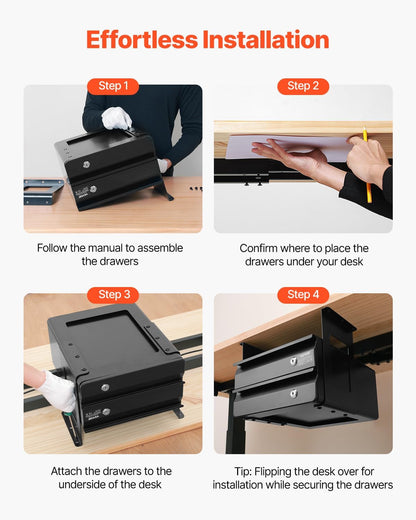Under Desk Lockable Slide Out Drawer, 13 inch Under Desk Pull-out Drawer for Sit Stand Workstation, Secure Under Counter Drawers for Home Office Storage Organizer, Black