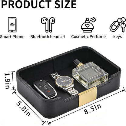 Luxury Leather Valet Tray Desktop Storage Organizer,Bedside Vanity Catchall Tray Nightstand Caddy Holder for Cosmetic,Jewelry,Watch,Keys,Phone,Wallet,Remote Controller,Pen,Black