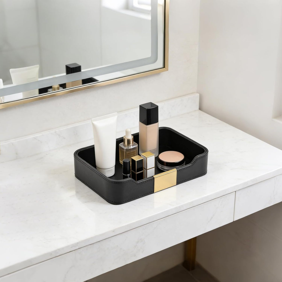 Luxury Leather Valet Tray Desktop Storage Organizer,Bedside Vanity Catchall Tray Nightstand Caddy Holder for Cosmetic,Jewelry,Watch,Keys,Phone,Wallet,Remote Controller,Pen,Black