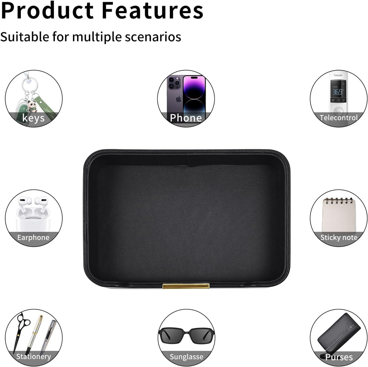 Luxury Leather Valet Tray Desktop Storage Organizer,Bedside Vanity Catchall Tray Nightstand Caddy Holder for Cosmetic,Jewelry,Watch,Keys,Phone,Wallet,Remote Controller,Pen,Black