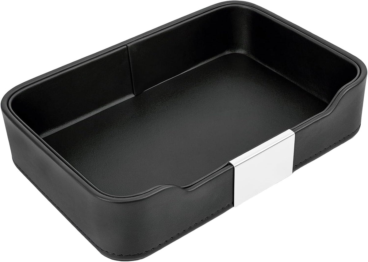 Luxury Leather Valet Tray Desktop Storage Organizer,Bedside Vanity Catchall Tray Nightstand Caddy Holder for Cosmetic,Jewelry,Watch,Keys,Phone,Wallet,Remote Controller,Pen,Black