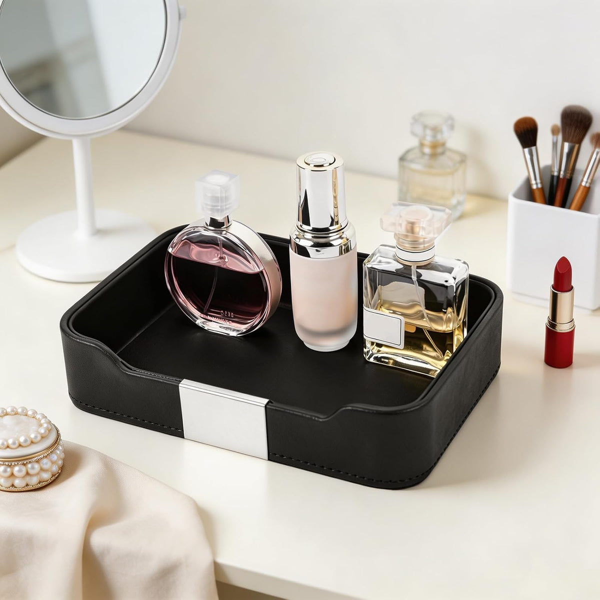 Luxury Leather Valet Tray Desktop Storage Organizer,Bedside Vanity Catchall Tray Nightstand Caddy Holder for Cosmetic,Jewelry,Watch,Keys,Phone,Wallet,Remote Controller,Pen,Black