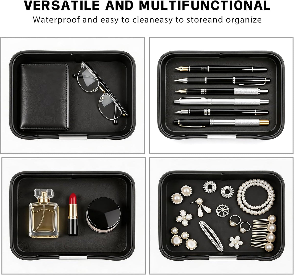 Luxury Leather Valet Tray Desktop Storage Organizer,Bedside Vanity Catchall Tray Nightstand Caddy Holder for Cosmetic,Jewelry,Watch,Keys,Phone,Wallet,Remote Controller,Pen,Black