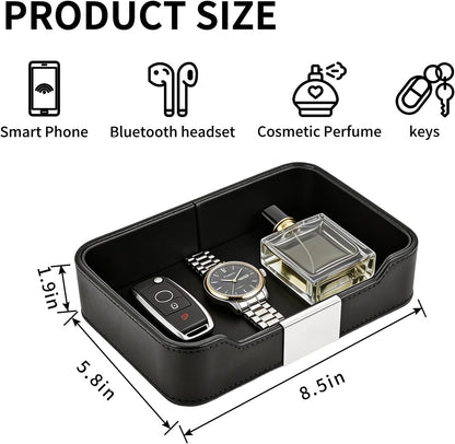 Luxury Leather Valet Tray Desktop Storage Organizer,Bedside Vanity Catchall Tray Nightstand Caddy Holder for Cosmetic,Jewelry,Watch,Keys,Phone,Wallet,Remote Controller,Pen,Black