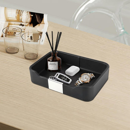 Luxury Leather Valet Tray Desktop Storage Organizer,Bedside Vanity Catchall Tray Nightstand Caddy Holder for Cosmetic,Jewelry,Watch,Keys,Phone,Wallet,Remote Controller,Pen,Black
