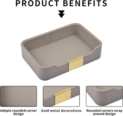 Luxury Leather Valet Tray Desktop Storage Organizer,Bedside Vanity Catchall Tray Nightstand Caddy Holder for Cosmetic,Jewelry,Watch,Keys,Phone,Wallet,Remote Controller,Pen,Black