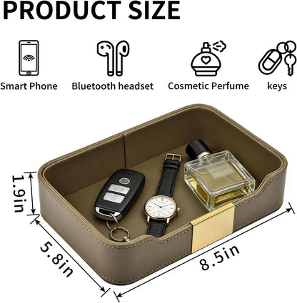 Luxury Leather Valet Tray Desktop Storage Organizer,Bedside Vanity Catchall Tray Nightstand Caddy Holder for Cosmetic,Jewelry,Watch,Keys,Phone,Wallet,Remote Controller,Pen,Black