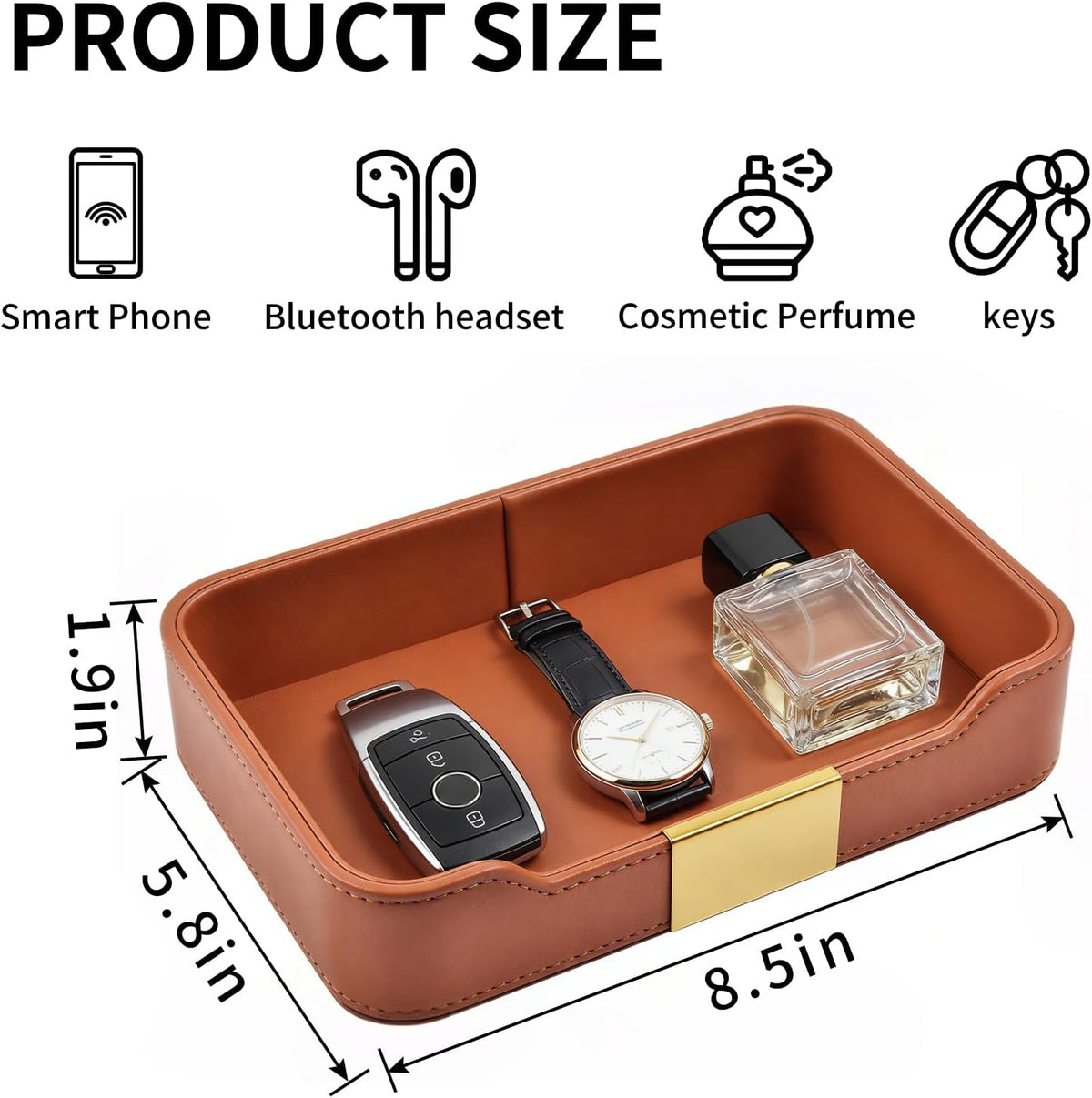 Luxury Leather Valet Tray Desktop Storage Organizer,Bedside Vanity Catchall Tray Nightstand Caddy Holder for Cosmetic,Jewelry,Watch,Keys,Phone,Wallet,Remote Controller,Pen,Black