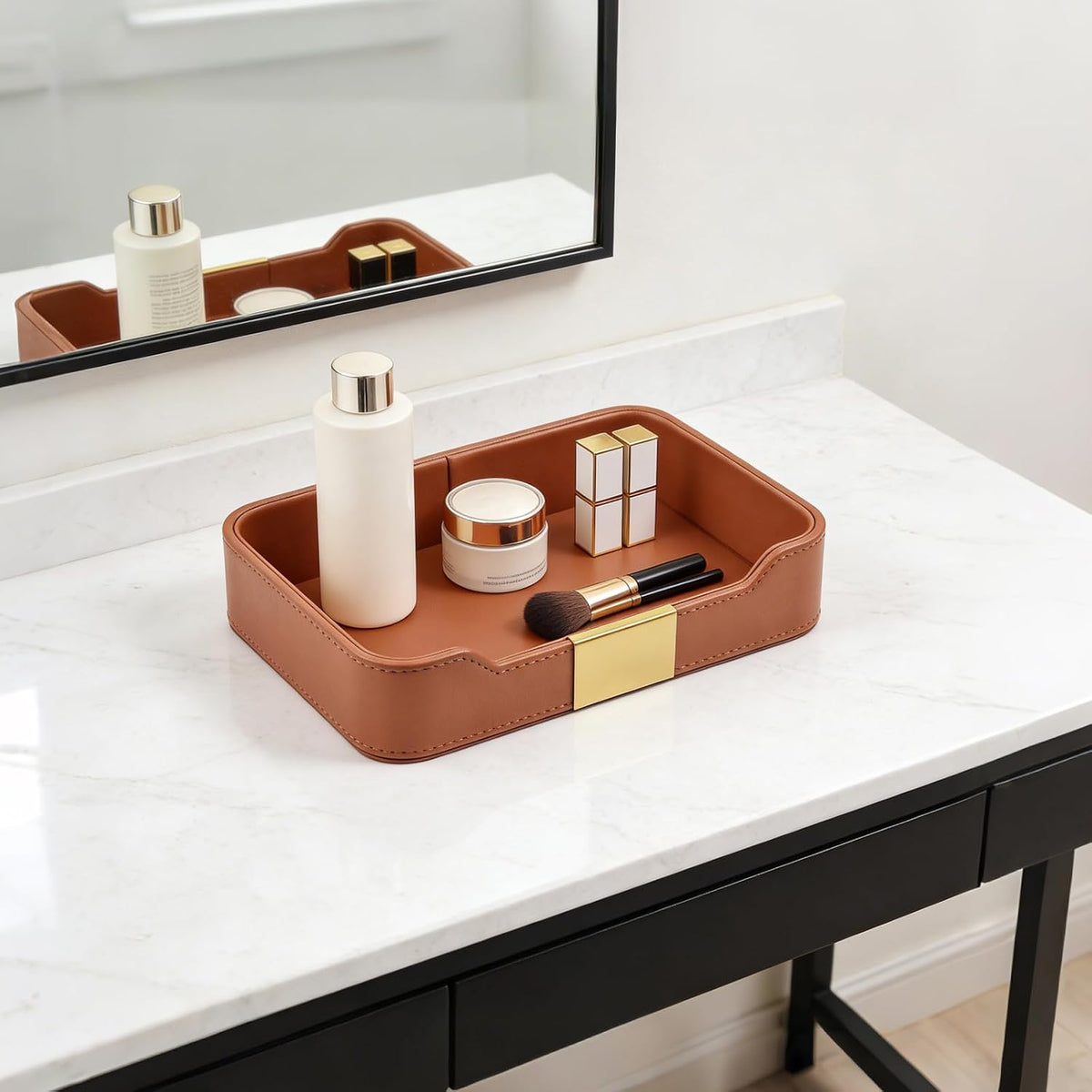 Luxury Leather Valet Tray Desktop Storage Organizer,Bedside Vanity Catchall Tray Nightstand Caddy Holder for Cosmetic,Jewelry,Watch,Keys,Phone,Wallet,Remote Controller,Pen,Black
