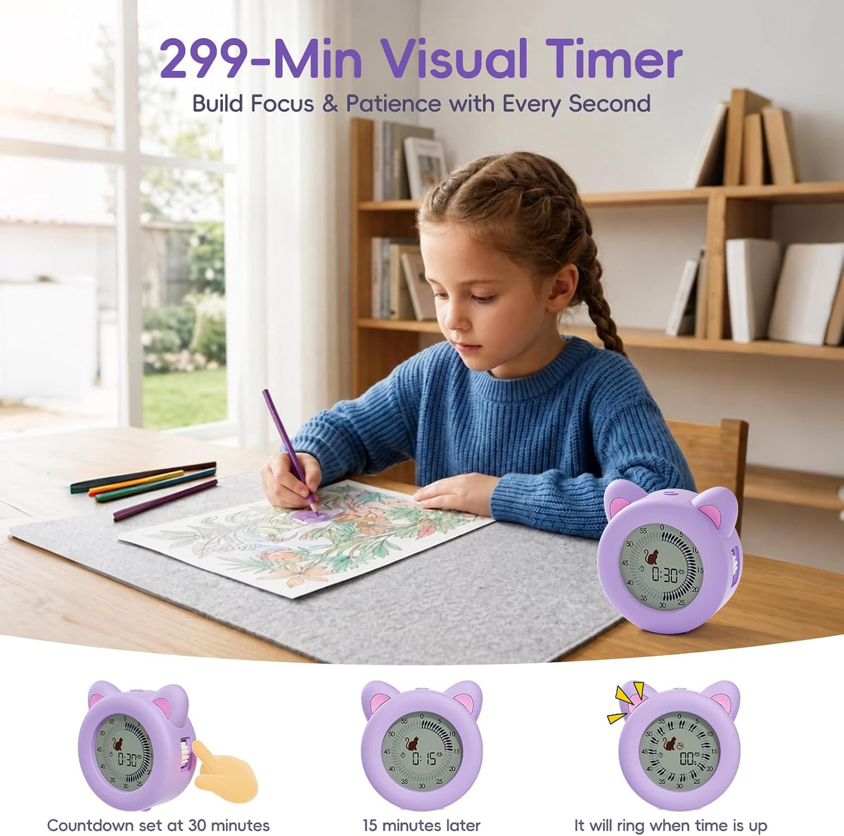 299 Minute Visual Timer for Kids, Cat Countdown Timer with Pause