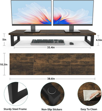 Dual Monitor Stand Riser, 39Inch Large Monitor Stands for 2 Monitors, Computer Monitor Stand, Wooden Desktop Oraganizer Shelf for Office Desk Computer,Laptop,TV