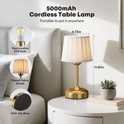 Mini Cordless Table Lamp, Battery Operated Lamp 5000mAh Rechargeable Table Lamp Small Touch Lamp Fabric Shade Dimmable Bedside Lamps for Bedroom, Living Room, Dining Room