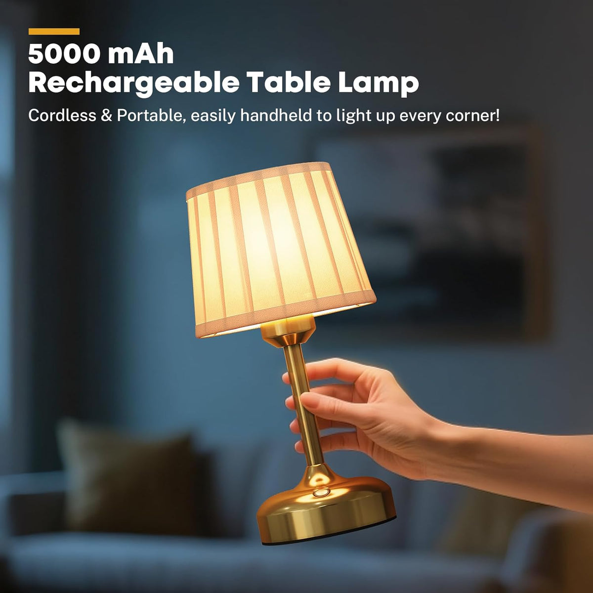 Mini Cordless Table Lamp, Battery Operated Lamp 5000mAh Rechargeable Table Lamp Small Touch Lamp Fabric Shade Dimmable Bedside Lamps for Bedroom, Living Room, Dining Room