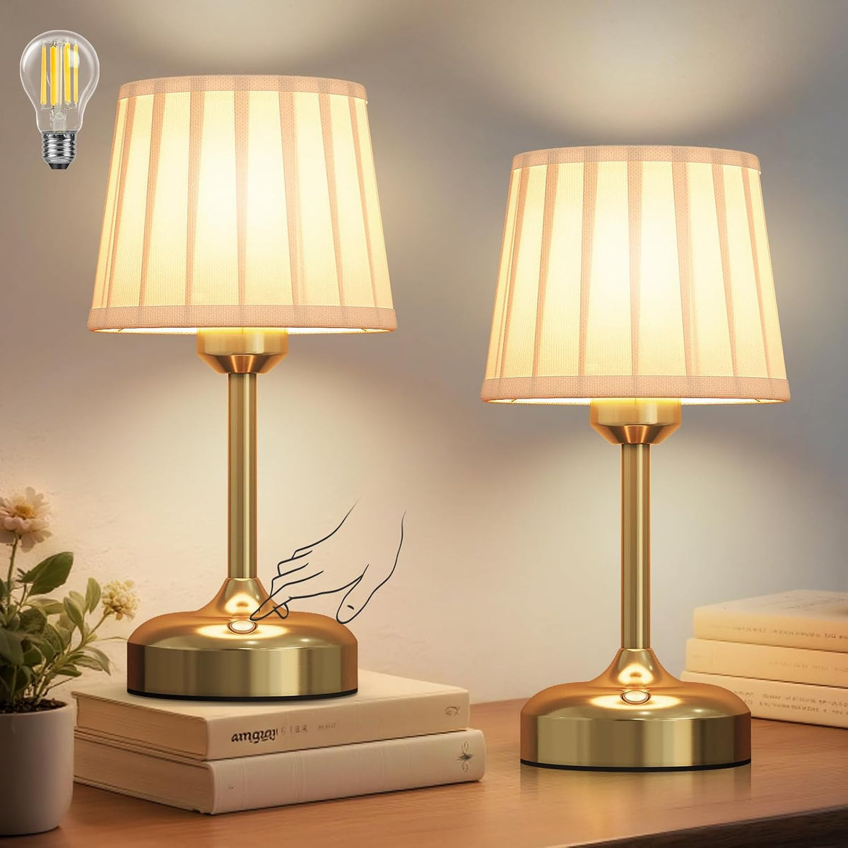 Mini Cordless Table Lamp, Battery Operated Lamp 5000mAh Rechargeable Table Lamp Small Touch Lamp Fabric Shade Dimmable Bedside Lamps for Bedroom, Living Room, Dining Room