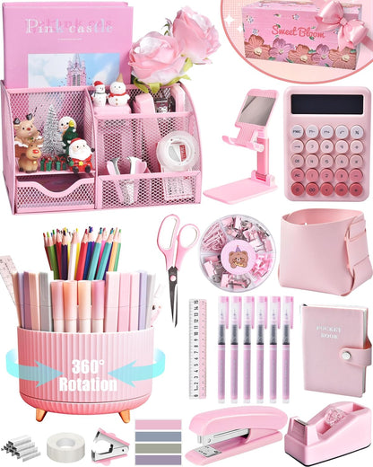 LXEVIHK Pink Desk Accessories 21-Piece Office Supplies Gift Set for Women