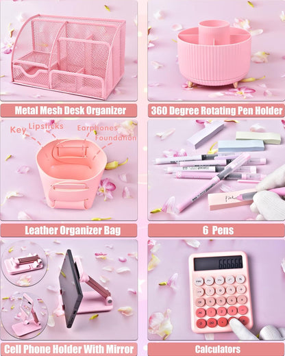 LXEVIHK Pink Desk Accessories 21-Piece Office Supplies Gift Set for Women