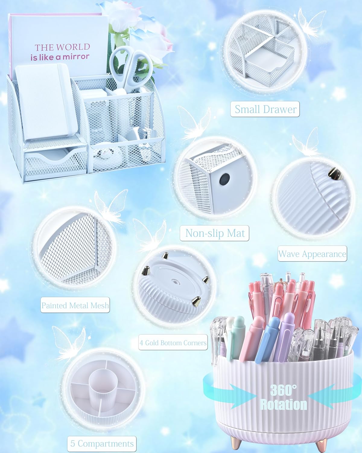 LXEVIHK Pink Desk Accessories 21-Piece Office Supplies Gift Set for Women