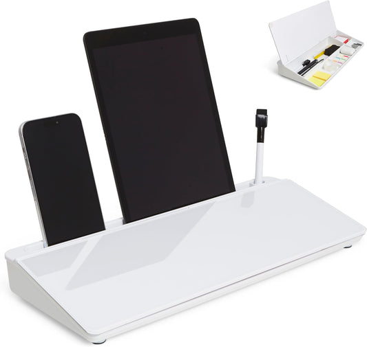 Desktop Whiteboard with Storage Desk White Board Desk Board Glass White Board with Stand Home Office Organizer Phone Holder 15.8X7X2 inches