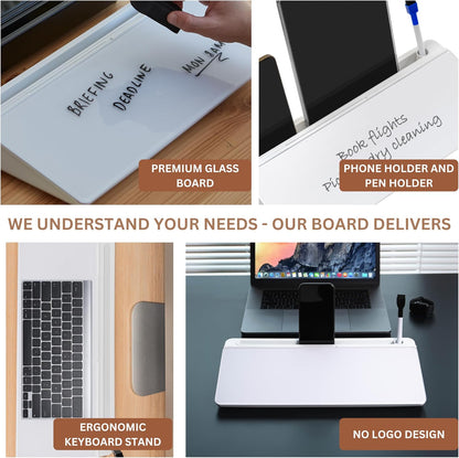 Desktop Whiteboard with Storage Desk White Board Desk Board Glass White Board with Stand Home Office Organizer Phone Holder 15.8X7X2 inches