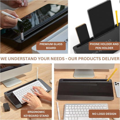 Desktop Whiteboard with Storage Desk White Board Desk Board Glass White Board with Stand Home Office Organizer Phone Holder 15.8X7X2 inches
