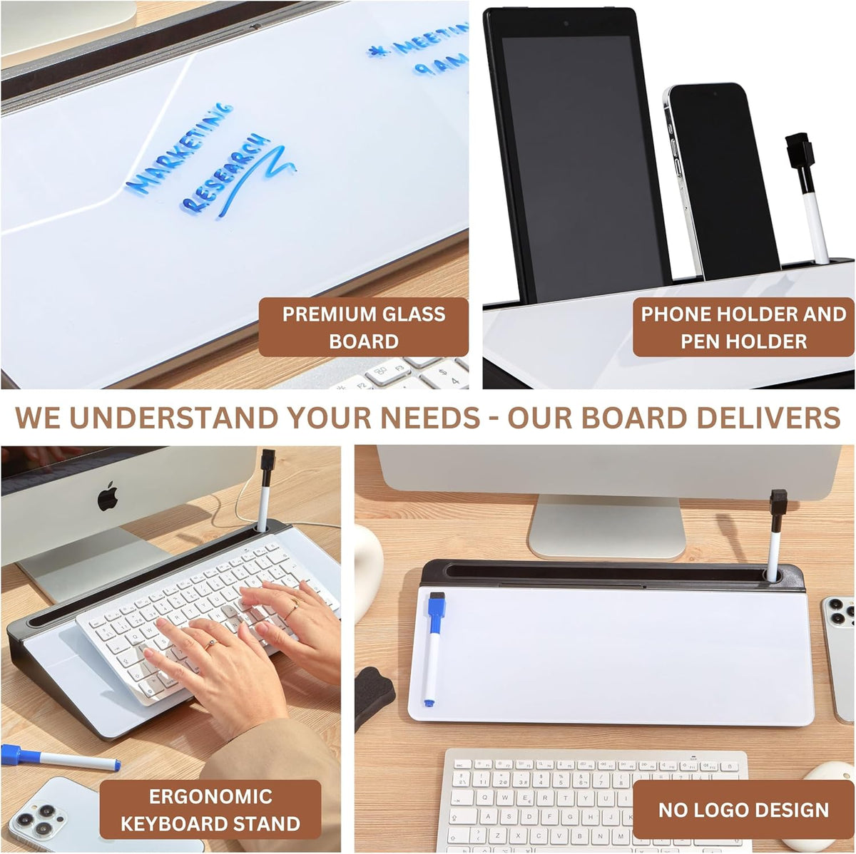 Desktop Whiteboard with Storage Desk White Board Desk Board Glass White Board with Stand Home Office Organizer Phone Holder 15.8X7X2 inches