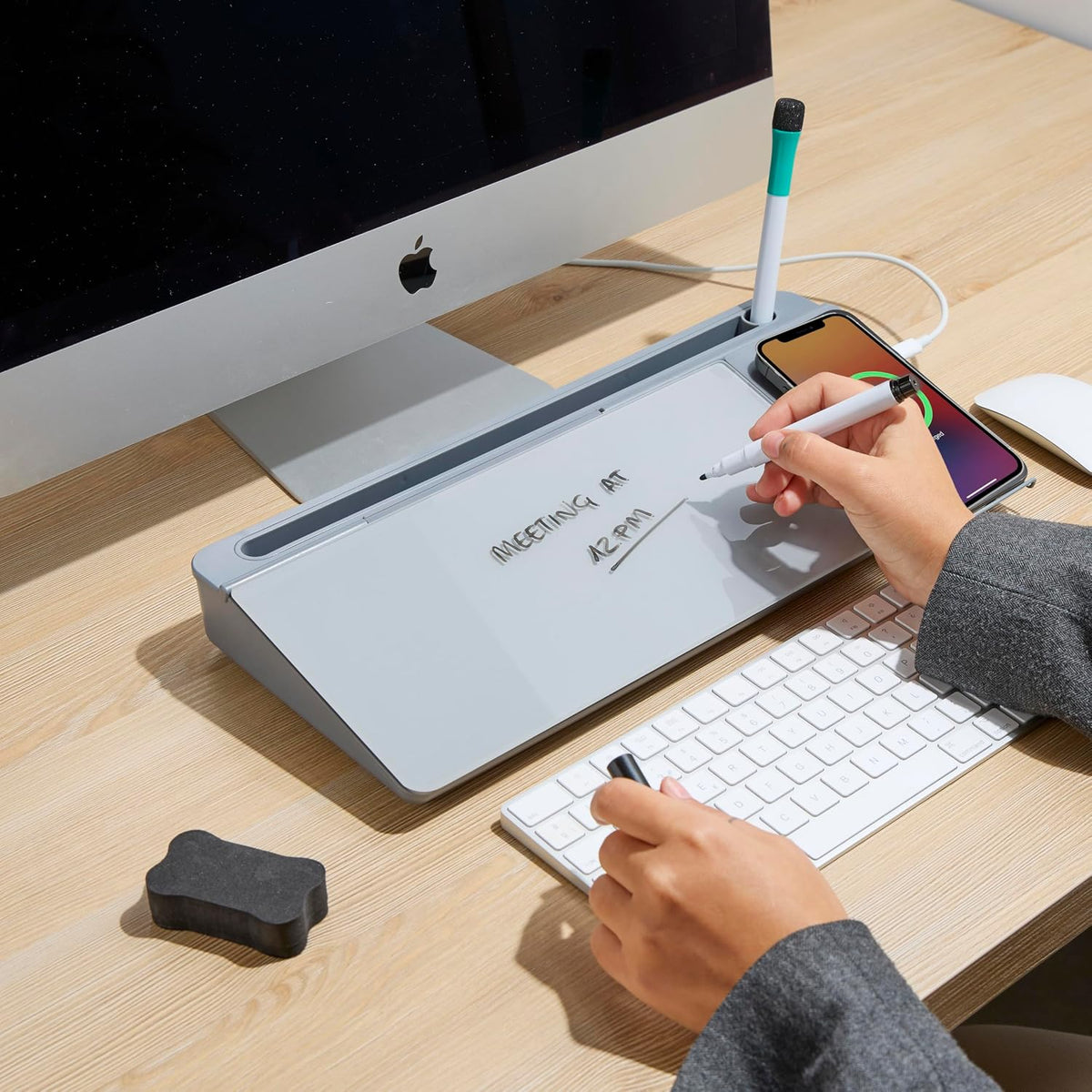 Desktop Whiteboard with Storage Desk White Board Desk Board Glass White Board with Stand Home Office Organizer Phone Holder 15.8X7X2 inches