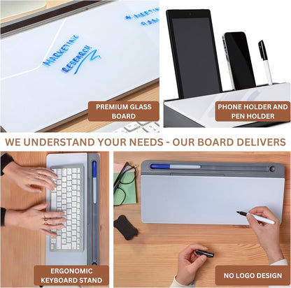 Desktop Whiteboard with Storage Desk White Board Desk Board Glass White Board with Stand Home Office Organizer Phone Holder 15.8X7X2 inches