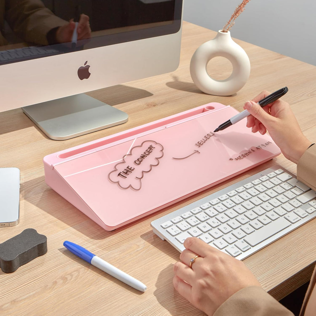 Desktop Whiteboard with Storage Desk White Board Desk Board Glass White Board with Stand Home Office Organizer Phone Holder 15.8X7X2 inches