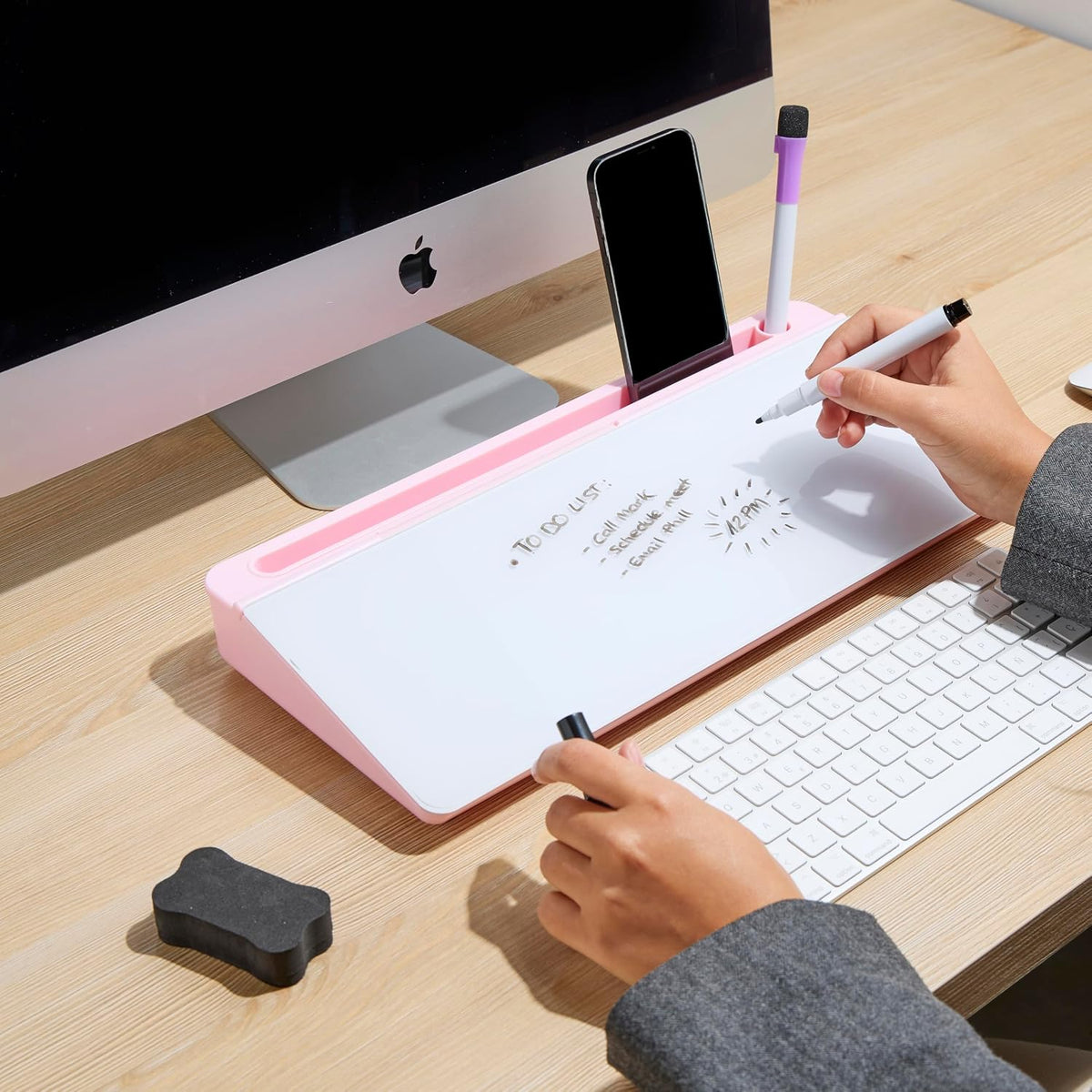 Desktop Whiteboard with Storage Desk White Board Desk Board Glass White Board with Stand Home Office Organizer Phone Holder 15.8X7X2 inches