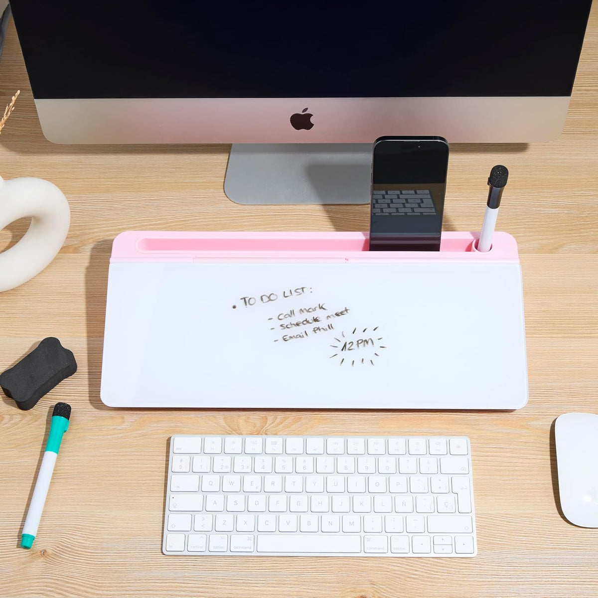 Desktop Whiteboard with Storage Desk White Board Desk Board Glass White Board with Stand Home Office Organizer Phone Holder 15.8X7X2 inches