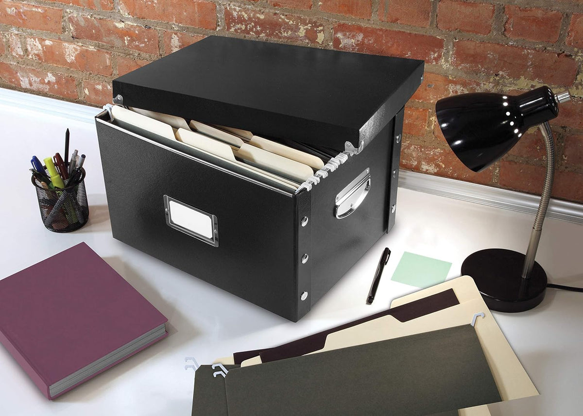 File Storage Box & Organizer - 1 Pack - 16.125 x 13.125 x 9.875 Inch Letter/Legal Size Portable File Box with Lid for Documents - Back To School Supplies for Students - Glossy Black