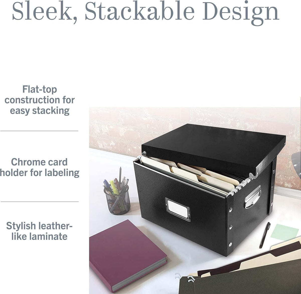 File Storage Box & Organizer - 1 Pack - 16.125 x 13.125 x 9.875 Inch Letter/Legal Size Portable File Box with Lid for Documents - Back To School Supplies for Students - Glossy Black